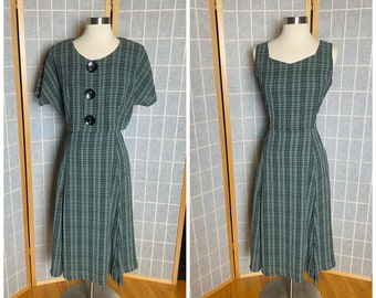 robe à carreaux vert et noir d’inspiration vintage avec veste assortie et gros boutons, taille grande