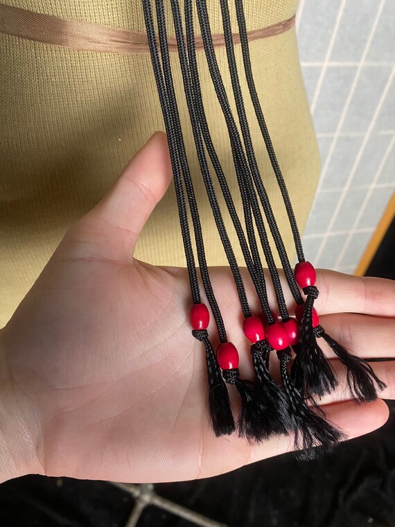 Vintage 1980’s black rope long necklace with red … - image 4