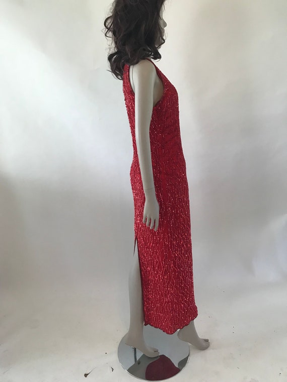 Vintage 1980s Full length red silk sequin dress - image 4