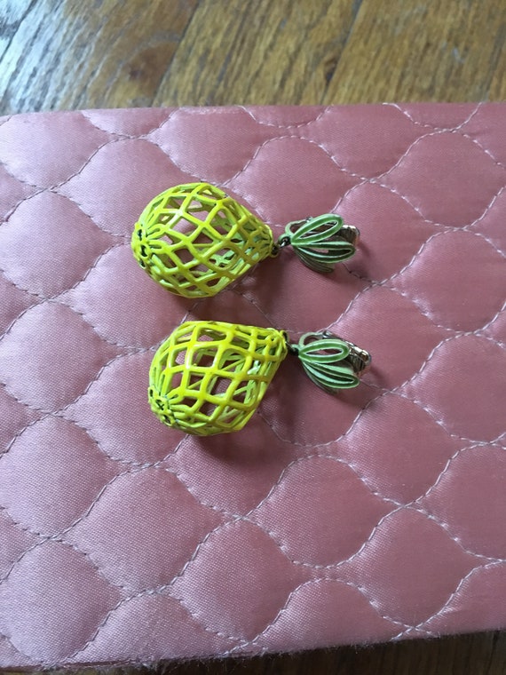 Vintage Yellow Fun Pineapple Clip-on Earrings - image 2