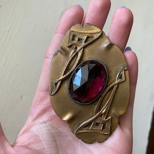 Vintage antique large brass brooch with purple glass stone