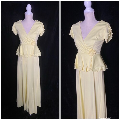 Vintage 1970’s butter yellow bridesmaid dress with ruffles and shops roses, size medium by Sylvia Ann