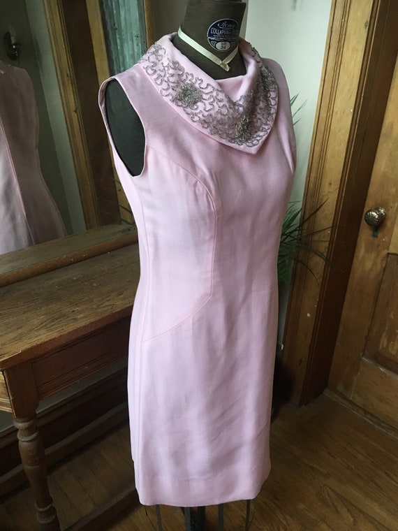 Vintage 1960's Pale Pink Cocktail Dress with Heav… - image 2