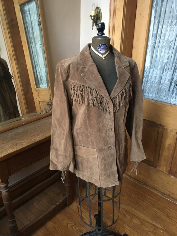 Vintage 1980s Brown Suede Jacket with Fringe, Siz… - image 2