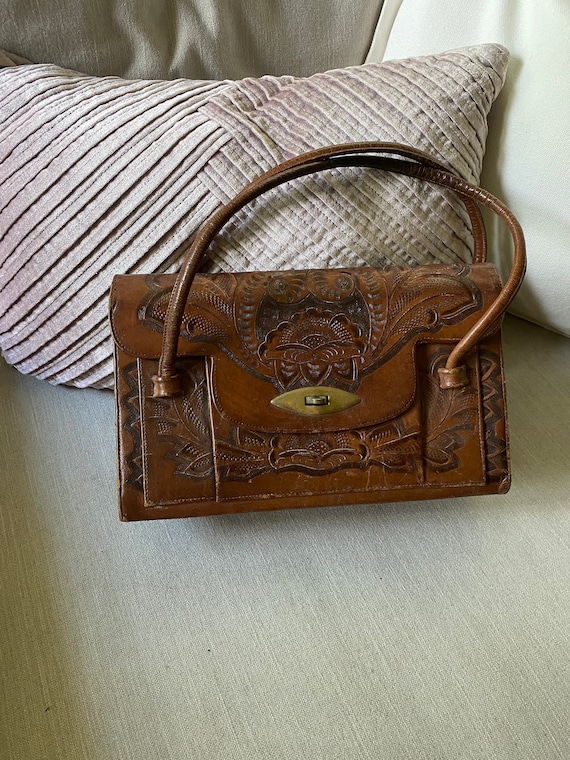 Vintage 1970's Tooled Leather Handbag - image 1