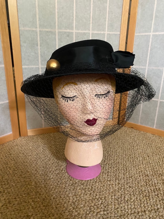 Vintage 1940’s black wool hat with gold ball hat p