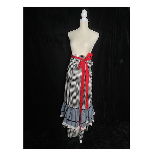 vintage 1970 gris gingham volant maxi jupe avec ceinture à ruban rouge, taille petite