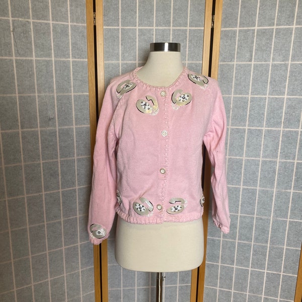 Vintage 1990’s light pink cardigan sweater with silver telephones, size medium large