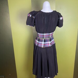 Vintage 1940s black dress with colorful plaid waist and puffy sleeves, size xs small image 7