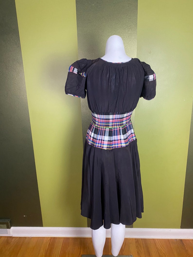 Vintage 1940s black dress with colorful plaid waist and puffy sleeves, size xs small image 7