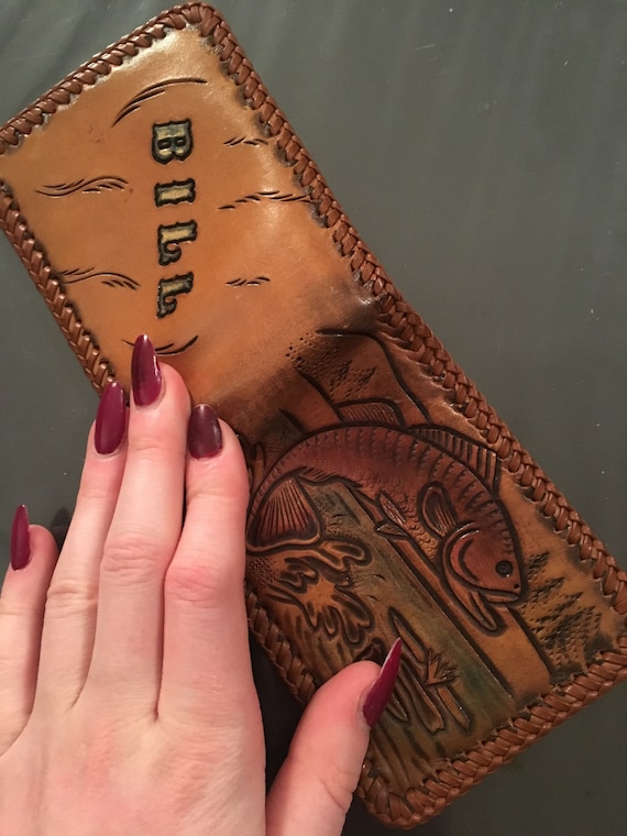 Vintage Brown Pleather Wallet - Fishing, Bill, To… - image 1