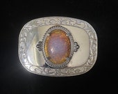 Vintage 1980 s silver belt buckle with pink opalescent stone