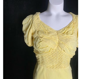Vintage 1930's Semi Sheer Butter Yellow Formal Floor Length Dress with Ruffles and Gathers