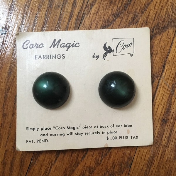 Vintage Round Green Magnetic Earrings, Coro Magic Earrings