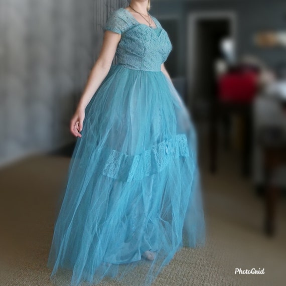 Vintage 1950'S Sky Blue Princess Tulle Lace Prom … - image 2