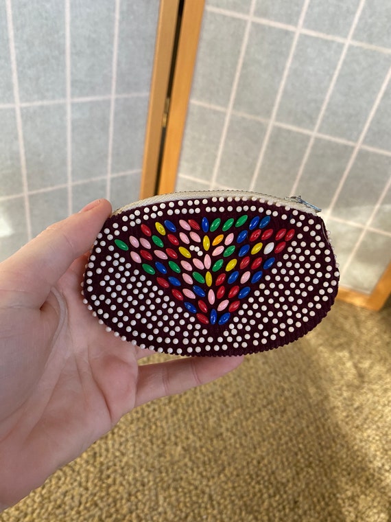 Vintage 1960’s oval rainbow beaded coin purse, po… - image 1