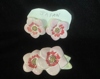Vintage 1980’s pink painted porcelain pierced earrings and matching brooch from Japan
