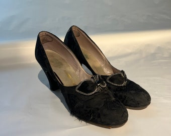 escarpins vintage en cuir suédé noir des années 1940, chaussures à talons hauts