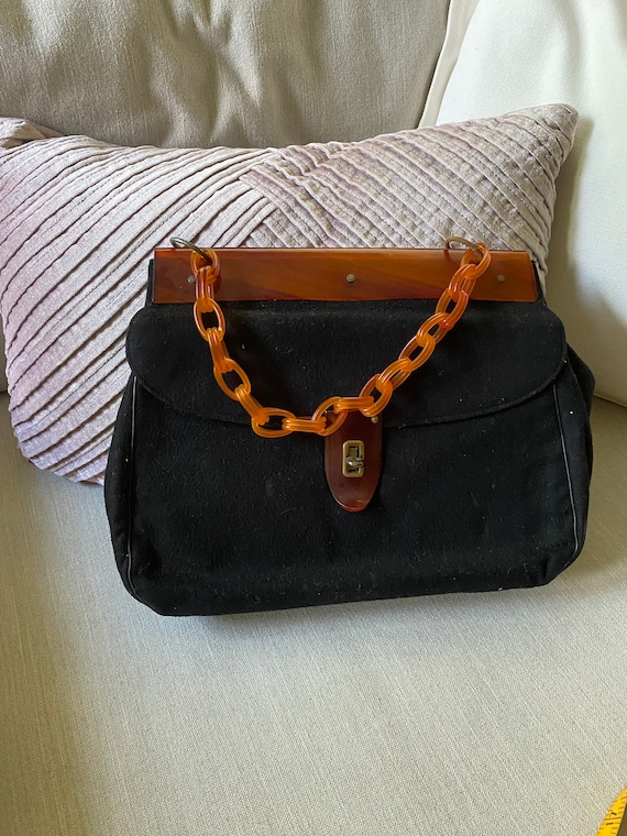 Vintage 1960's Black Handbag With An Orange Brown