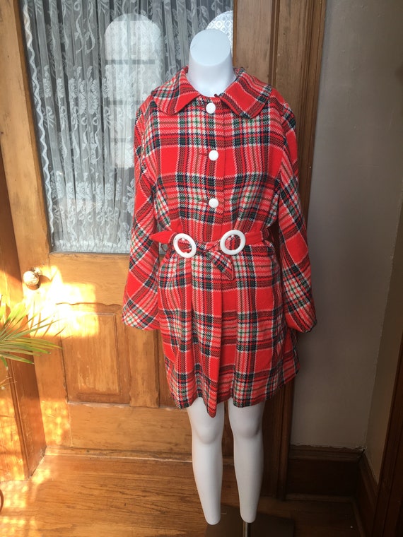 Vintage 1960's Red Plaid Coat with Round white Be… - image 1