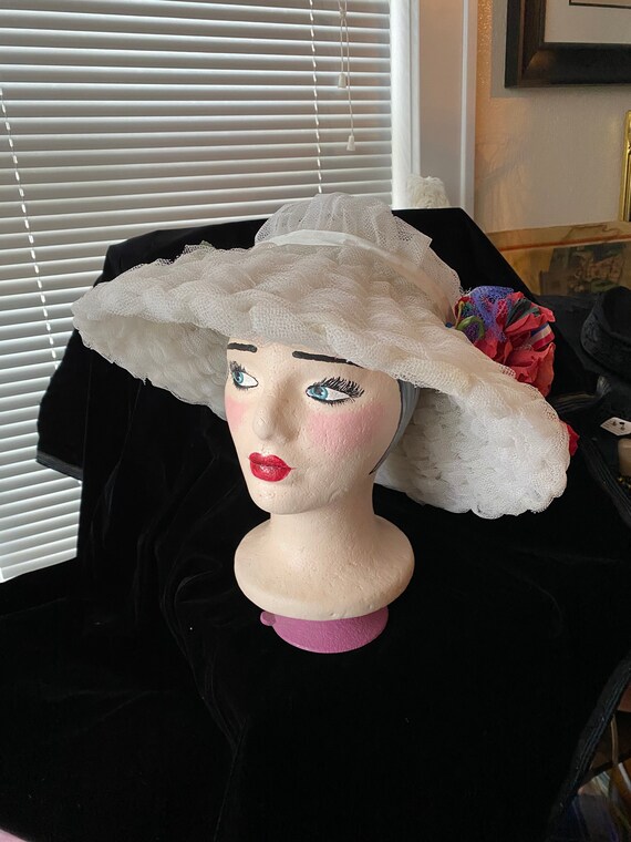 Vintage Sheer White Derby Sun Hat with Large Red … - image 2