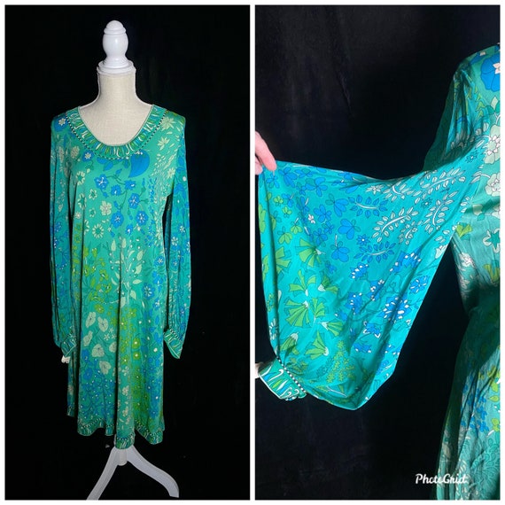 Vintage 1960’s green and blue silk shirt dress wi… - image 1