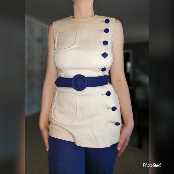 Vintage 1970's Cream And Navy Blue Top, Skirt And… - image 3