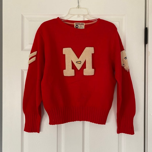 Vintage 1940’s red wool letterman sweater with letter M and a Buffalo bison patch, size medium