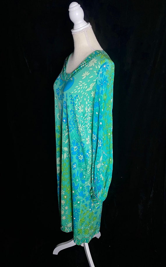 Vintage 1960’s green and blue silk shirt dress wi… - image 3