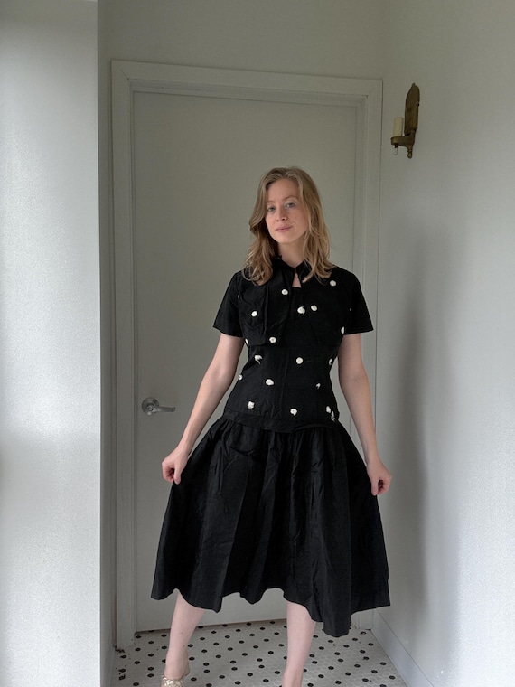 Vintage 1950's Black and White polka dot taffeta dress with matching bolero, size medium