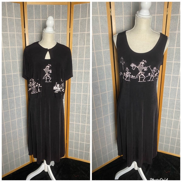 Vintage 1980’s black Ronnie Nicole stretchy dress with white cartoon drawings, size large