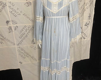 Vintage 1970’s light blue and white lace prairie dress with empire waist, size medium