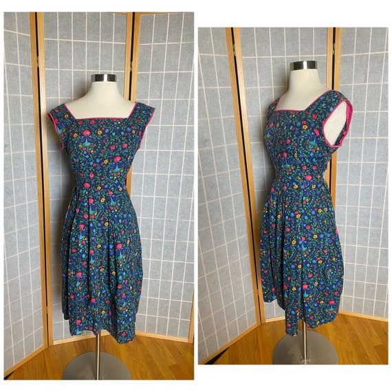 Vintage 1950’s blue floral day dress with pink de… - image 1