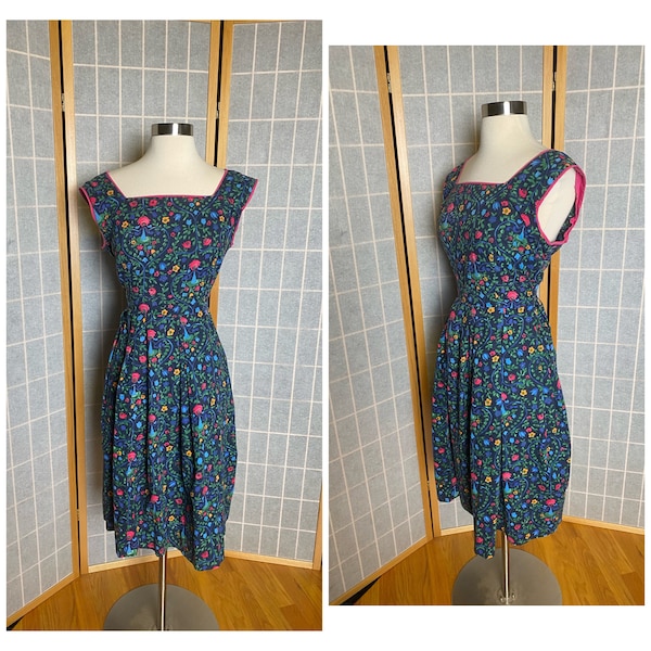 Vintage 1950’s blue floral day dress with pink details, size medium