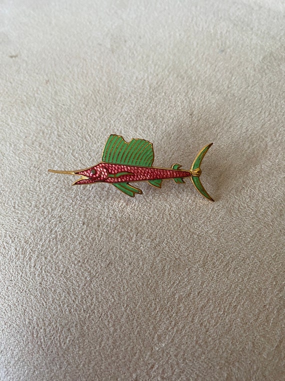 Vintage 1950’s pink, green and gold swordfish pin,