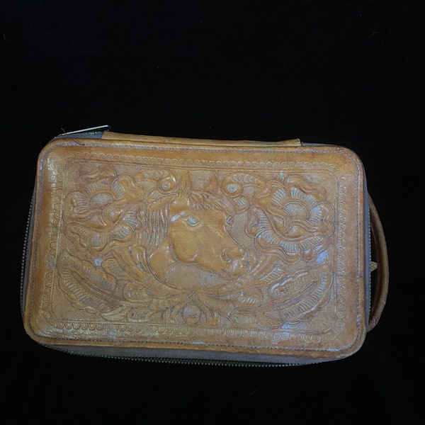 Vintage 1970’s tooled leather hard sided travel bag with horse and cactus