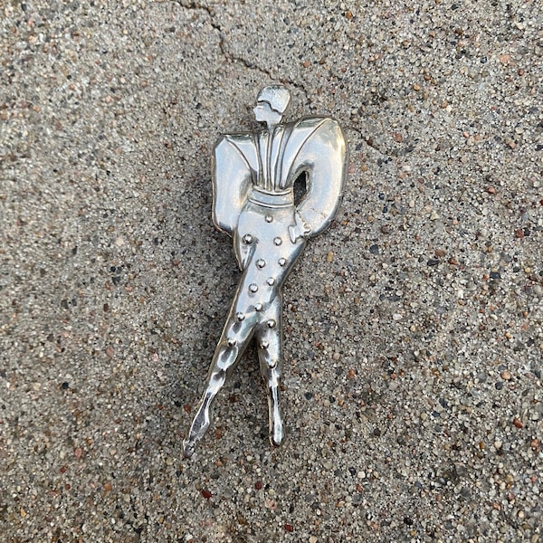 Vintage antique 1920s 1930s pressed metal silver Art Deco woman brooch, flapper girl pin