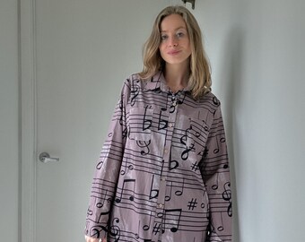 Y2K Grey Brown Sheet Music Long Sleeve Button Up, Size Large - Etsy