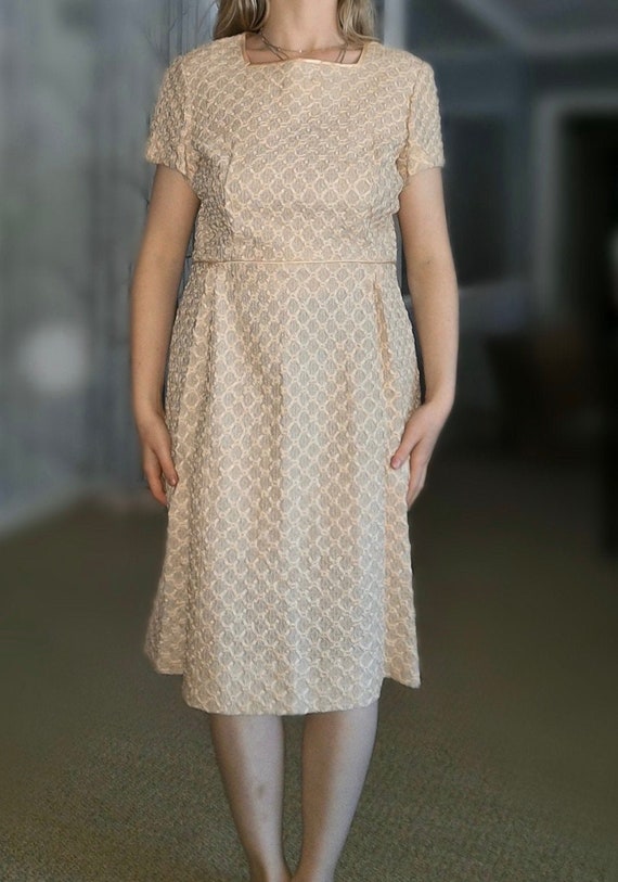 Vintage 1950's Cream Pink Beige Ribbon Dress By Ko