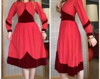 Vintage 1940’s red velvet and pink fitted dress, size small