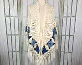 Vintage Handmade Crochet Shawl Granny Square Fringe Tassels Florets Trim Ivory