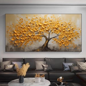 Original Golden Tree Painting, Impasto Yellow Leaves Canvas Art, Modern Nature Decor, Large Textured Wall Art, Hand-painted Wall Decoration