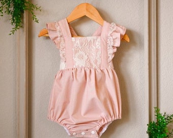 Beautiful Handmade Dusty Rose and Lace Vintage Style Romper/ Baby Girl Smash Cake Outfit/ First Birthday Outfit/Baby Girl Romper