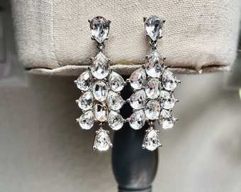 Large Silver Tone Vintage Monet Stamped Rhinestone Dangling Drop Pierced Earrings