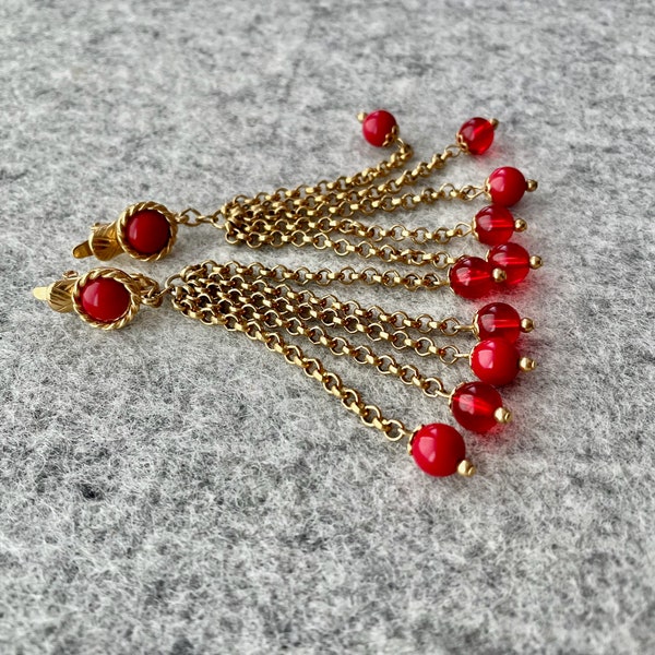 Vintage 3.5" Trifari Stamped Gold Tone and Red Beads Clip Ons