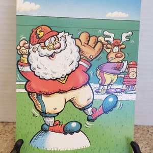 Cartões vintage de Papai Noel e Rudolph jogando beisebol e feliz Natal por Image Art Lote de 12 não utilizados