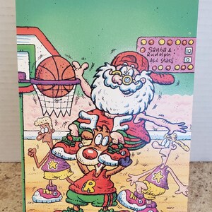Cartões de felicitações vintage de Papai Noel e Rudolph jogando basquete de Natal por Image Art Lote de 6 saudações de temporada não utilizadas
