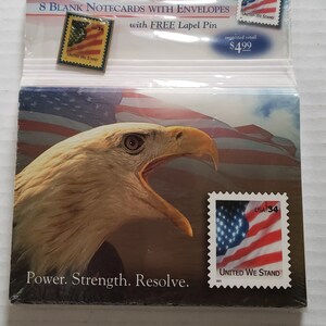 Vintage Eagle Power Strength Resolve United States Postal Service 8 Note Cards with Envelopes and USA Flag Lapel Pin Sealed New (2001)