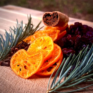 May include: Dried orange slices, cranberries, and a cinnamon stick arranged on a wooden surface with pine sprigs.