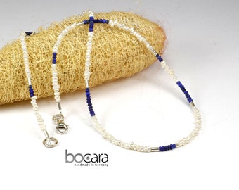 Short necklace, blue - white lapis lazuli and freshwater pearl 48 cm